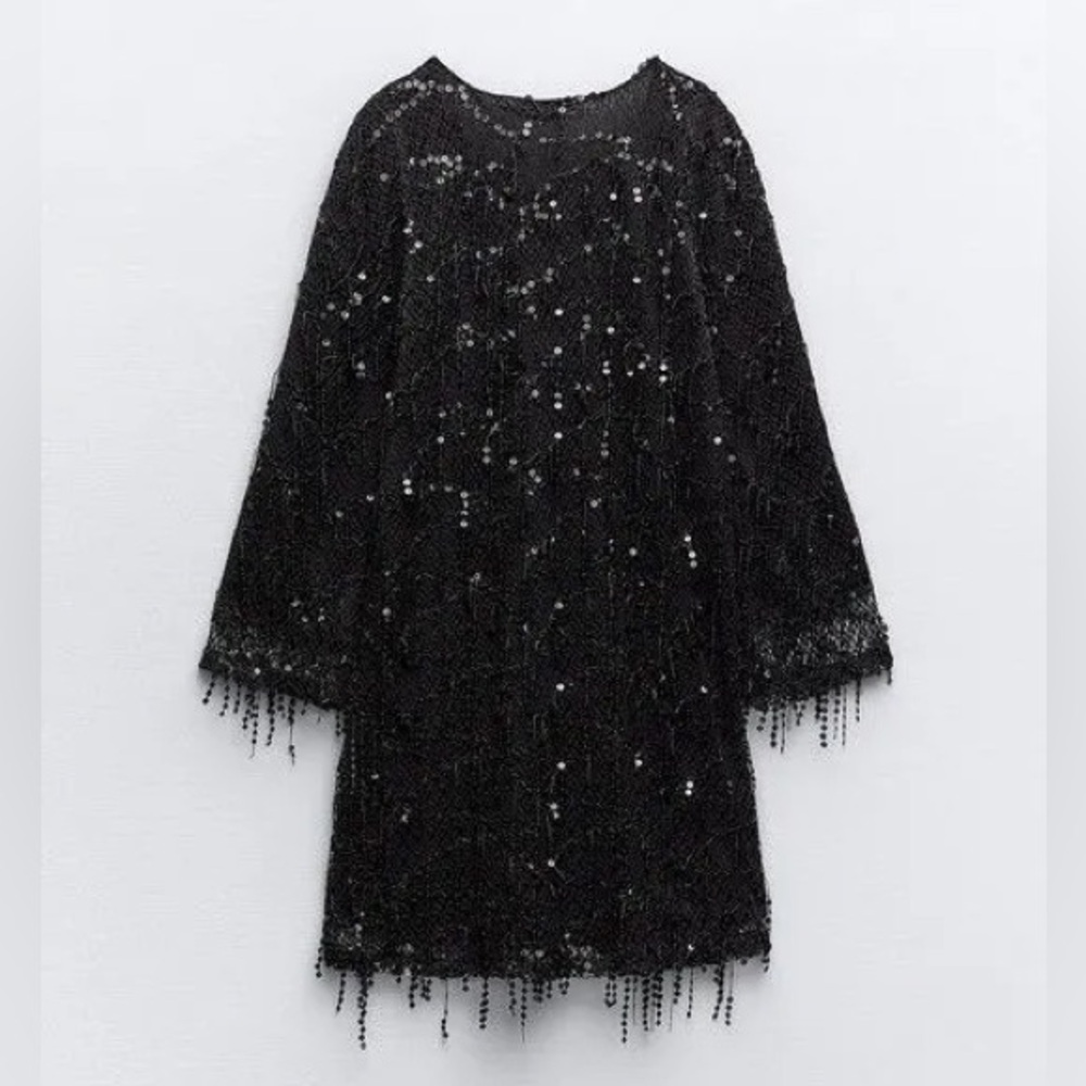 Zara FRINGED SEQUIN MINI DRESS. Black. Size S. New with Tags. - Picture 10 of 10